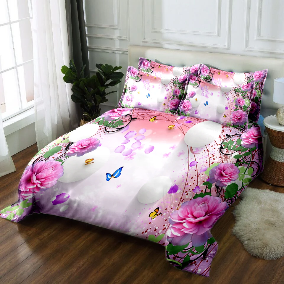 

queen size bed sheets set 3D bedding sets bedsheet Duvet bed cover Pillowcase flat sheet Twin Full king Bed Linen Pink flowers