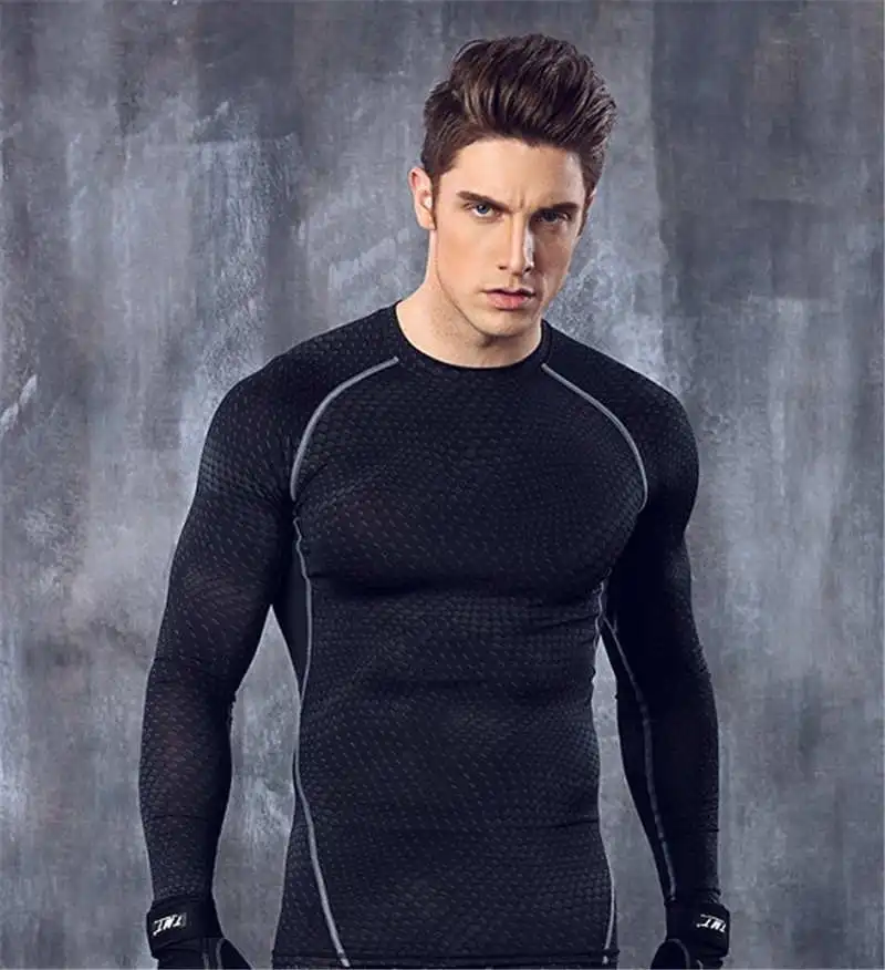 Tops Gray Для мужчин быстросохнущие компрессионные кальсоны 3D комплект из двух предметов фитнес зима Мужчины Весна Осень Спорт Бег тренировки термобелье - Цвет: Tops Gray