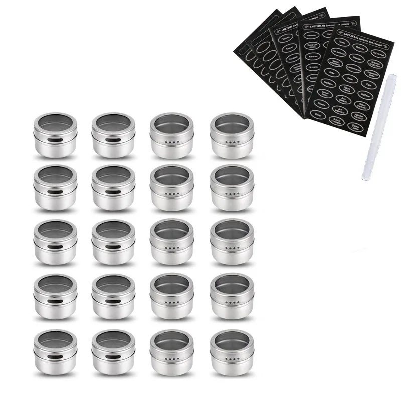 20 pcs LMETJMA Магнитные Банки для специй с русскими этикетками для специй из нержавеющей стали Магнитные Банки для специй набор магнитных на холодильник KC0241 - Цвет: 20 pcs