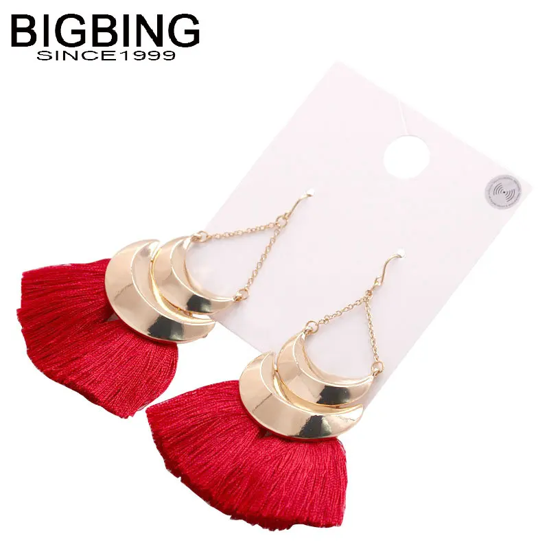 M004 BIGBING модные серьги-подвески золотистого цвета с красной Луной и кисточками