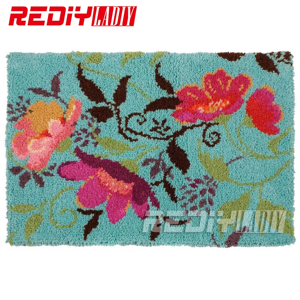 

REDIY LADIY Latch Hook Rug Unfinished Yarn Embroidery Crocheting Cushion Wall Tapestry Floor Mat Floral Poppies Carpet 110x75cm