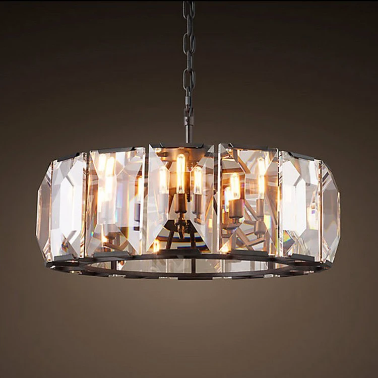 

Retro American Square Crystal Pendant Light Black Iron For Dining Room Restaurant Bedroom Study Room Living Room LED E14 bulbs