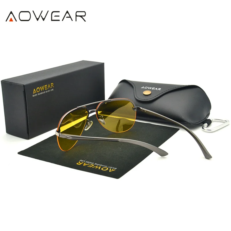 AOWEAR HD очки ночного видения мужские Поляризованные авиационные желтые солнцезащитные очки для ночного вождения очки водительские антибликовые солнцезащитные очки