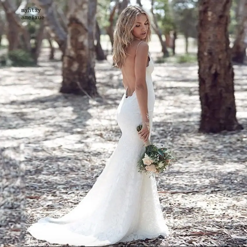 

Spring Summer Bohemian Wedding Dress 2020 Sexy Mermaid Spaghetti Straps Sweep Train Backless Lace Bridal Gowns Vestido De Novia