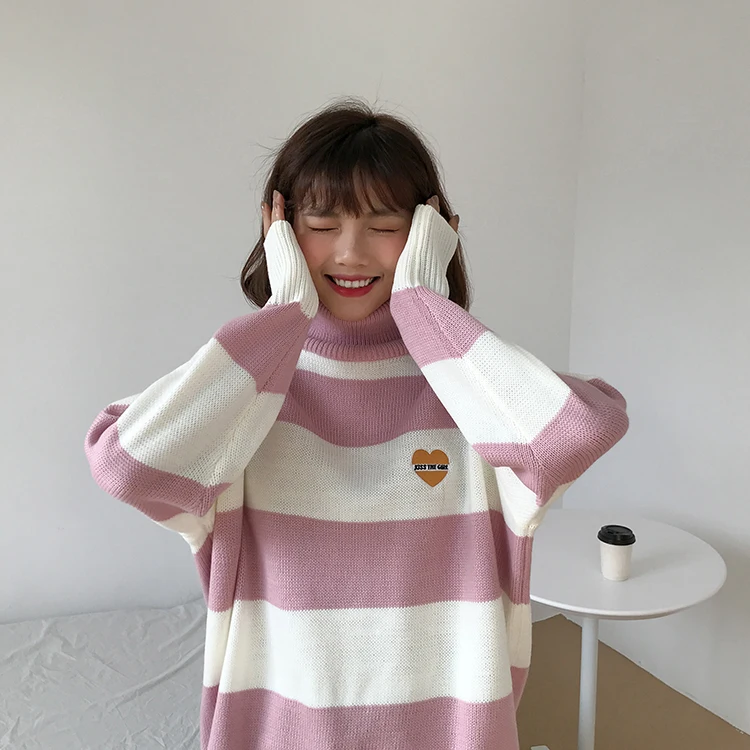 3 colors autumn and winter korean style candy color love stripe knitted turtleneck sweaters womens pullovers (F1348) | Женская одежда