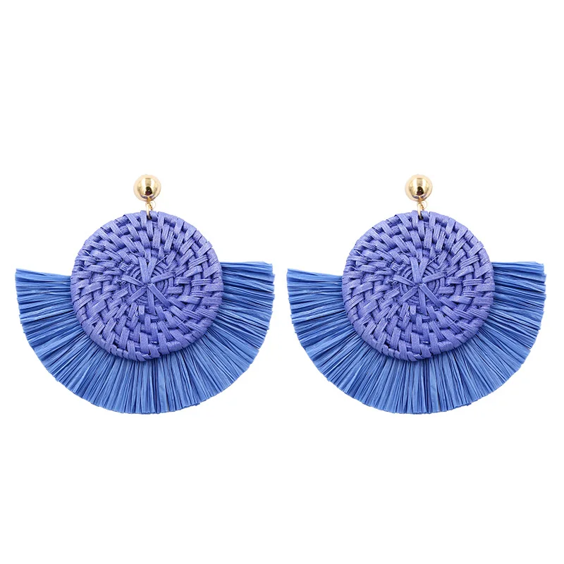 A23756-Blue Леопардовые плетеные Висячие серьги для женщин, богемная кисточка из рафии, серьги с геометрическим плетением из ротанга, трендовые серьги - Окраска металла: A23756-Blue