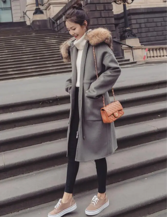 Abrigos Mujer Invierno шерстяное пальто зимнее Новое тонкое длинное пальто Casaco Feminino с большим меховым воротником Женское пальто Abrigo Mujer шерстяное пальто