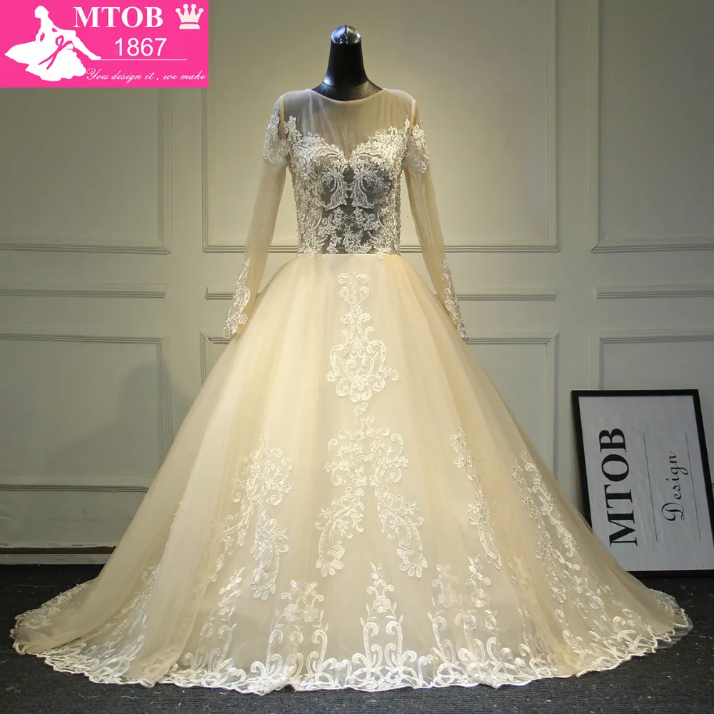 Шикарное свадебное платье цвета шампанского ТРАПЕЦИЕВИДНОЕ кружево с жемчуг