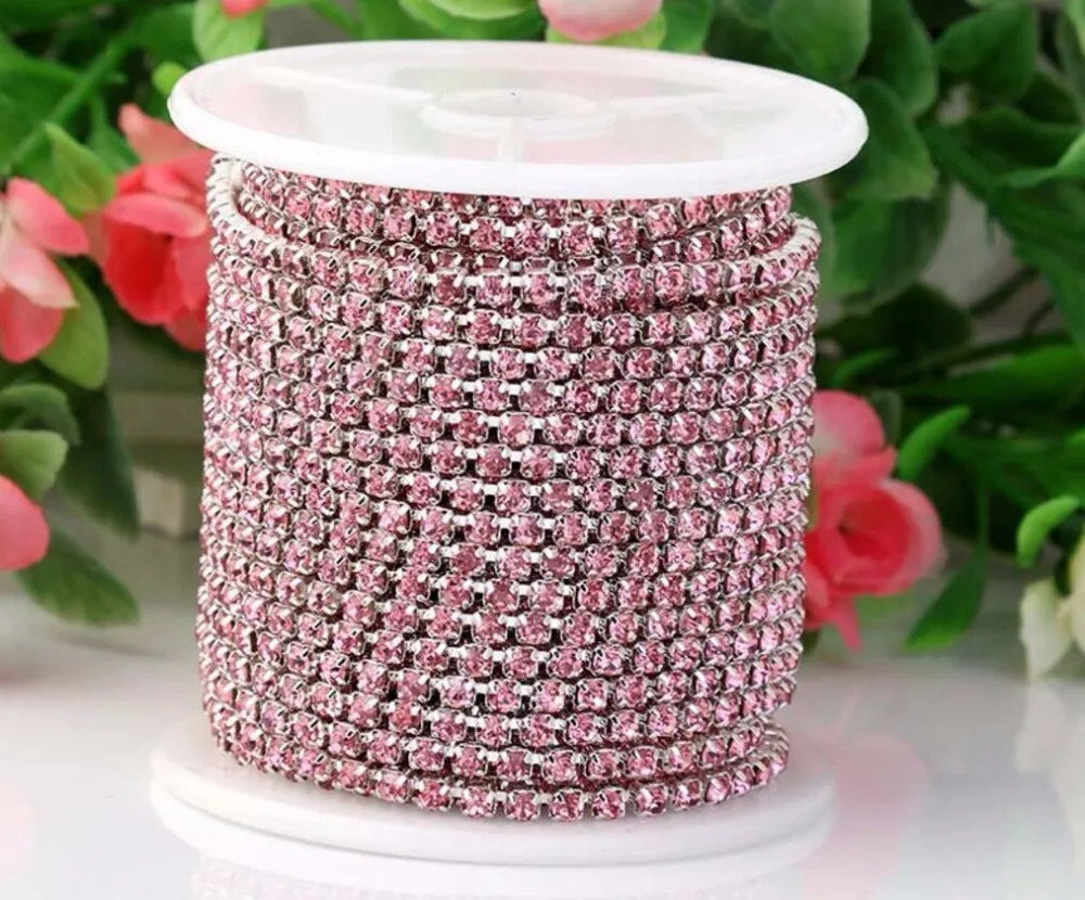 

10 Meters SS8.5 2.5mm Pink Color Diamond Crystals Rhinestones Silver Plated Setting Chain Trim Sewing Bags shoes Headband