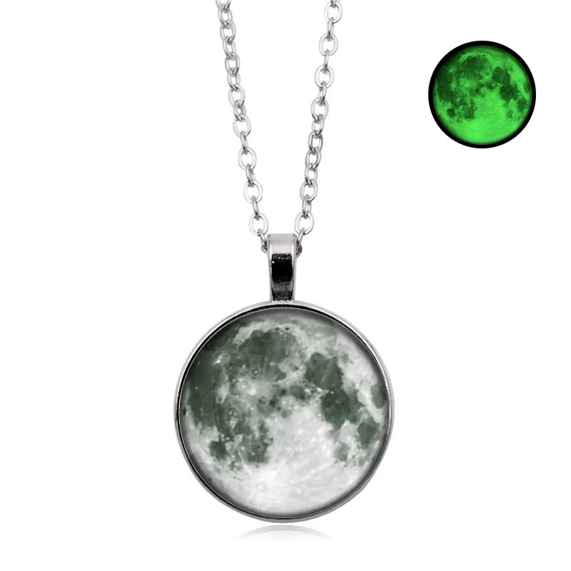 6 Hot sale Glow In The Dark Moon Pendant Necklace Galaxy Planet Glass Cabochon Luminous Jewelry Silver Chain Necklace Women - Окраска металла: 6