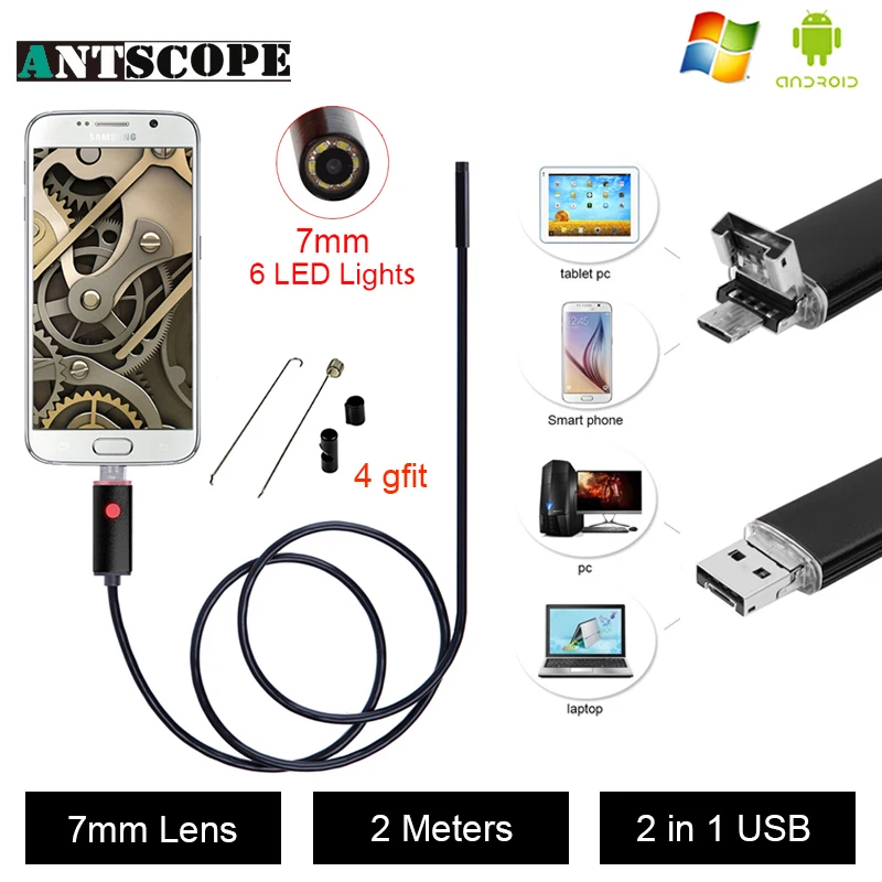 Antscope USB эндоскоп для Android Камера инспекции 2 м бороскоп 7 мм объектив 6 светодио