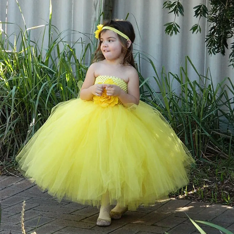 Little Girls Yellow Flower Tutu Dress Kids Handmade Fluffy Tulle Wedding Party Dresses with Headband Children Crochet Long Tutus | Детская