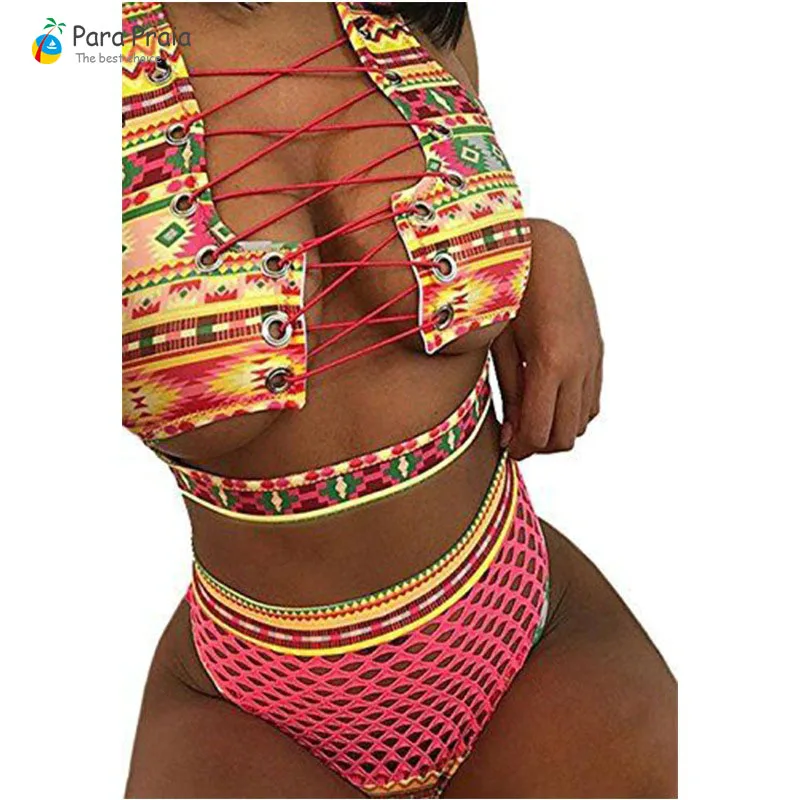 Para Praia сетчатые купальники с высокой талией полосатый Женский купальник бандаж