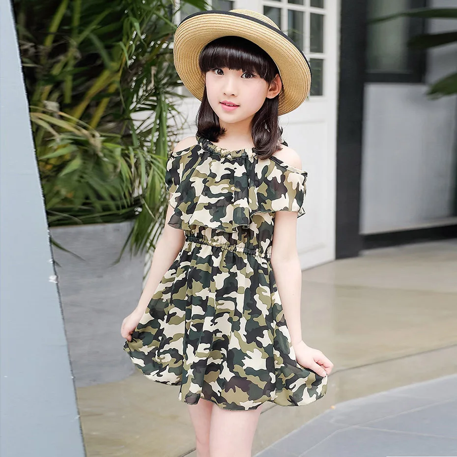 Камуфляжные платья для девочек вечерние с открытыми плечами одежда