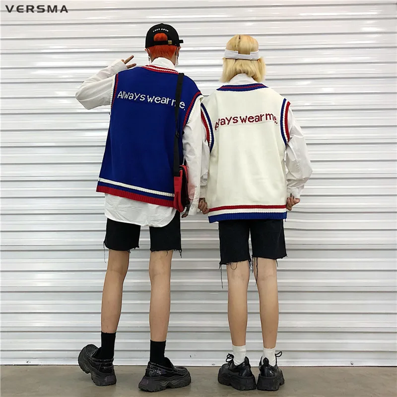 VERSMA корейский Harajuku Instagram BF письмо мужские трикотажные жилеты V образным вырезом негабаритных без рукавов свитер мужской жилет пуловер