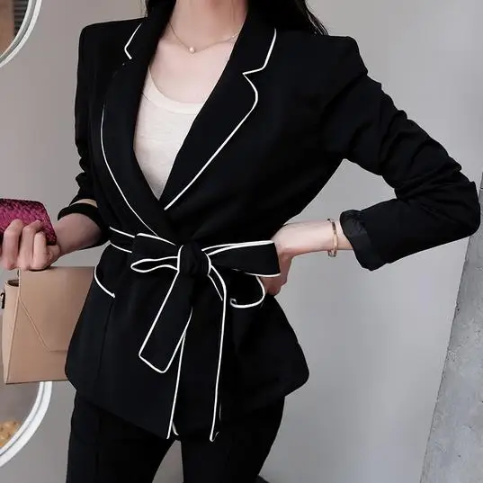 Женский блейзер с длинным рукавом костюм бантом из органической кожи|blazer belt|women