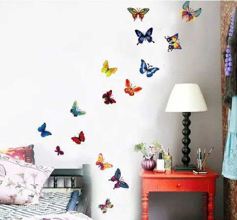 Милые Мультяшные 60 прозрачные Красочные бабочки съемные настенные наклейки ПВХ