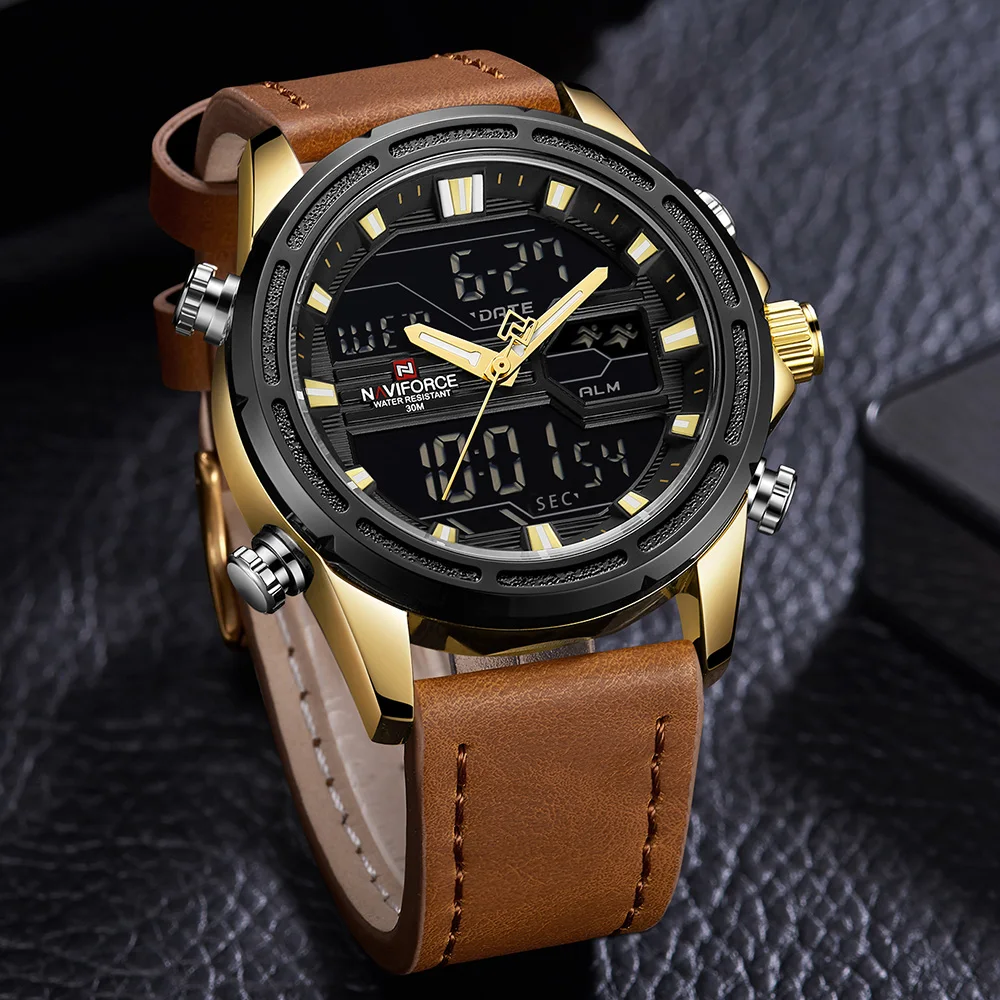 NAVIFORCE 9138 мужские спортивные часы из натуральной кожи светодиодный кварцевые