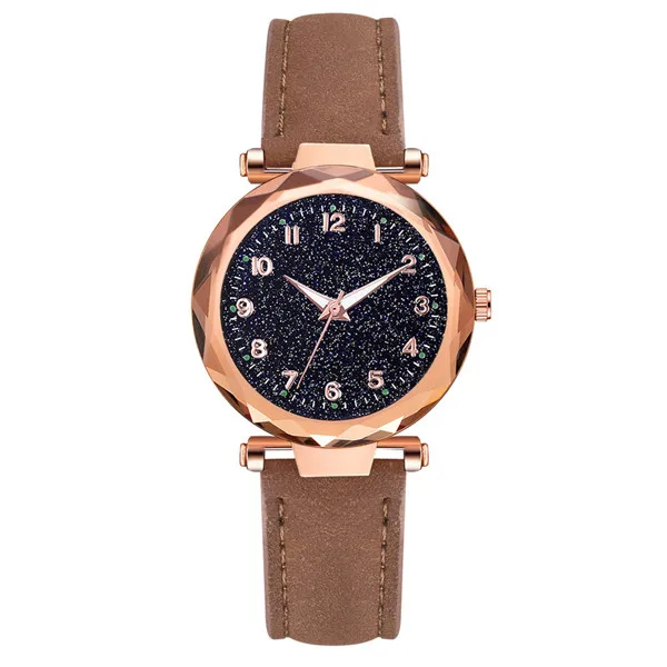Brown Изысканные роскошные женские часы, модные женские часы под платье, звездное небо, циферблат, кожаный ремешок, кварцевые часы, женские часы montre homme - Цвет: Brown
