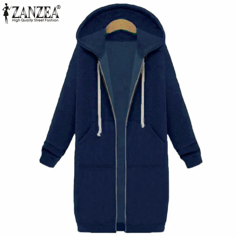 Blue Размера плюс ZANZEA зимняя женская повседневная с капюшоном на молнии с длинным рукавом и карманами свободная теплая Длинная толстовка пальто верхняя одежда куртки - Цвет: Blue