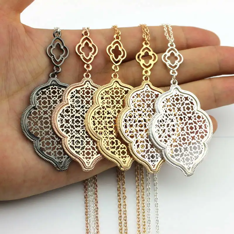 

ZWPON Fashion Gold Silver Color Filigree Necklace Trellis Statement Long Cutout Alloy Necklace Pendant Long Necklace Women