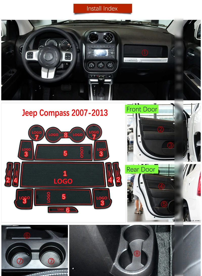 Противоскользящие резиновые коврики для ворот слот чашки коврик JEEP Compass 2007 2013 MK1