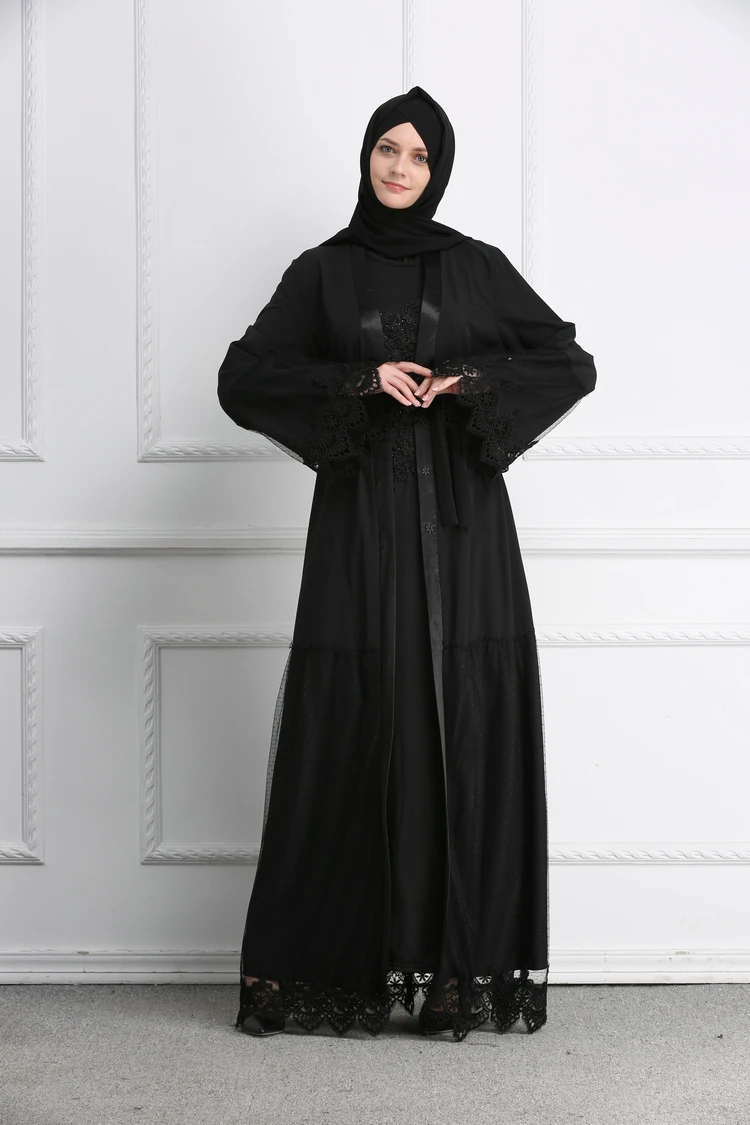 Muslim Lace Abaya Grenadine Black Full Dresses Cardigan Kimono Long Robe Gowns Jubah Middle East Ramadan Arab Islamic Clothing |