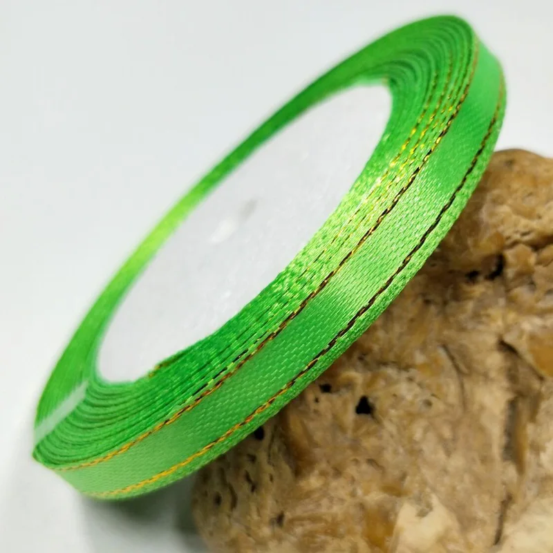 Fluorescent green HL 15 цветов на выбор 1 рулон(25 ярдов) 6 мм Золотая кромка однотонная Атласная Лента Свадебная Рождественская Декоративная Подарочная упаковка DIY рукоделие - Цвет: Fluorescent green