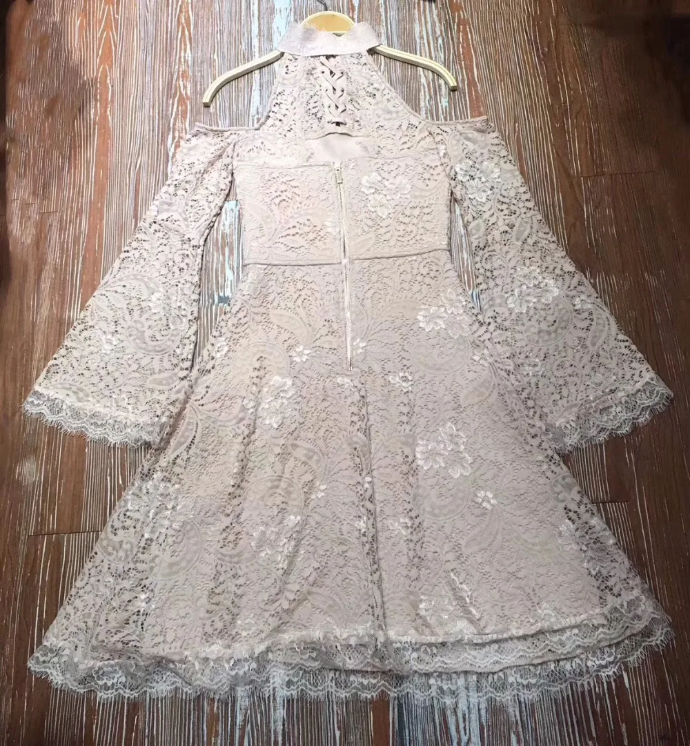 Летняя мода 2017 г. Новые Элегантные Черный Бежевый Кружево платье Высокое