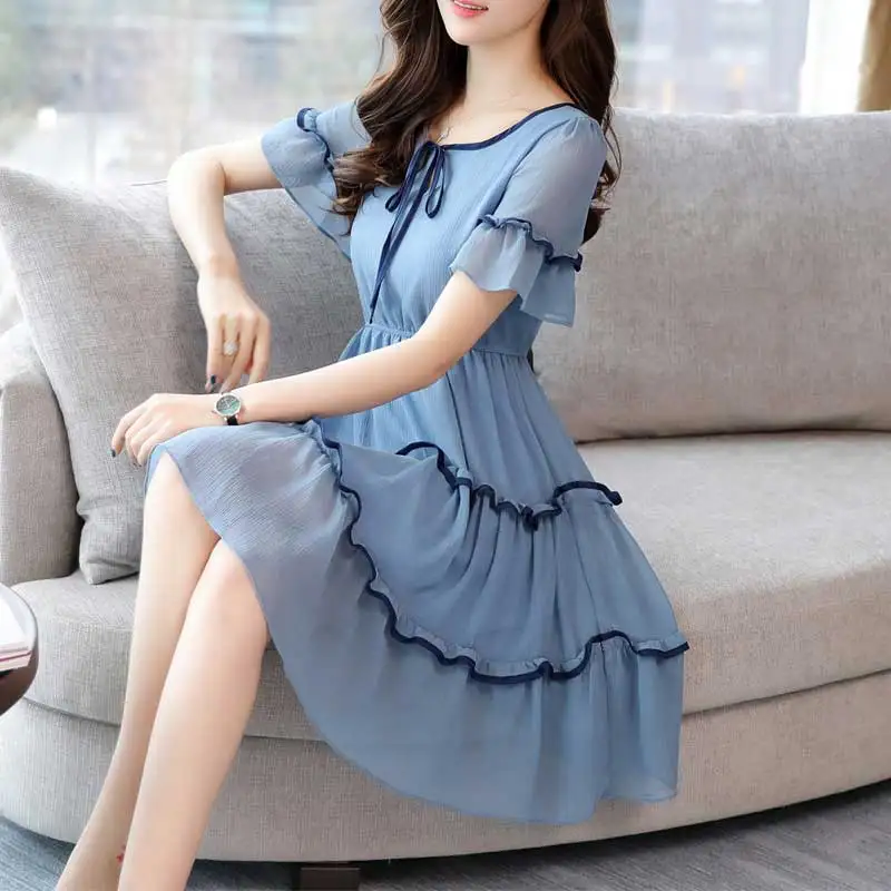 Прямая поставка шифоновое платье Новое лето 2019 женское темперамент Воланы
