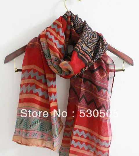 

Bohemian Scarf Boho Pattern Scarf Red Aztec Scarf with Tribal Print