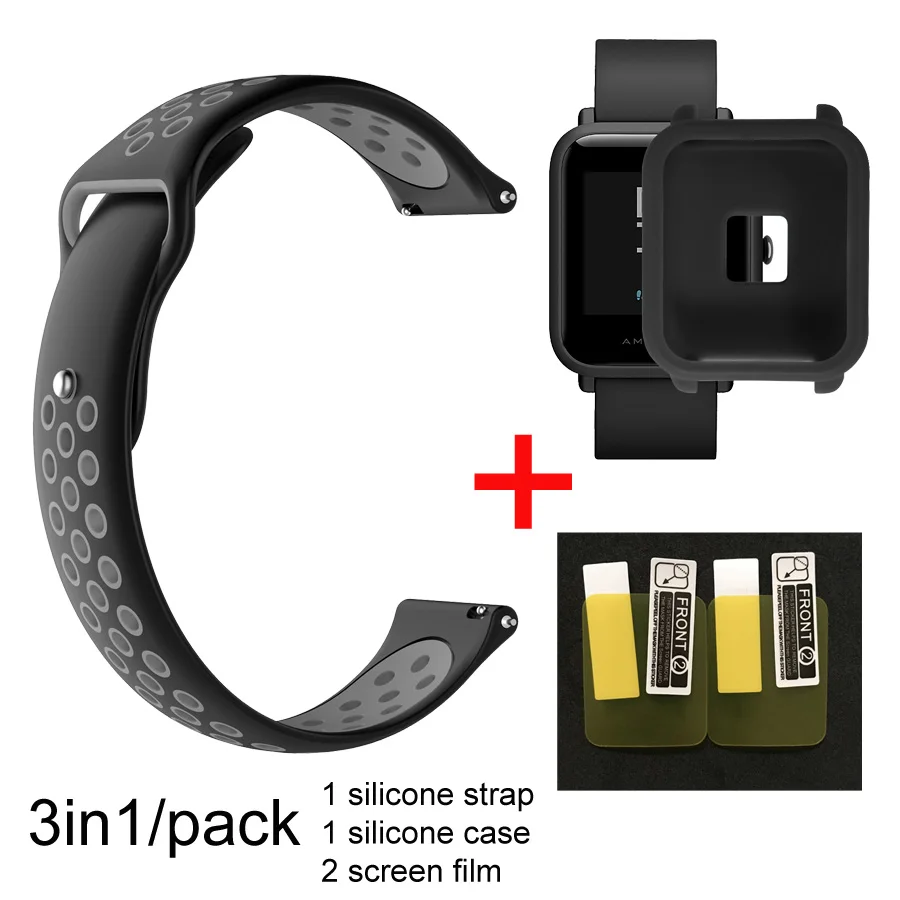 3в1 ремешок для часов Huami Amazfit ремешок Bip для Amazfit Bip чехол силиконовый ремешок защитный чехол для экрана аксессуары