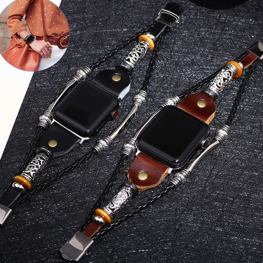 Ремешок кожаный коричневый для Apple Watch 6 SE 5 4 3 2 38 мм 40 мужской браслет iwatch 44 42