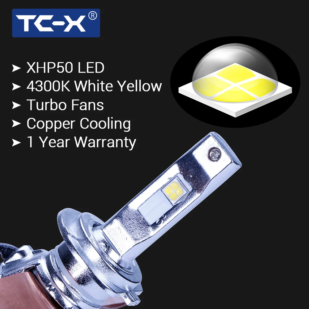 TC-X светодиодные лампы для авто 4300К желтого света LED H4 H7 HB3 9005 HB4 9006 12 В гарантия 1 год