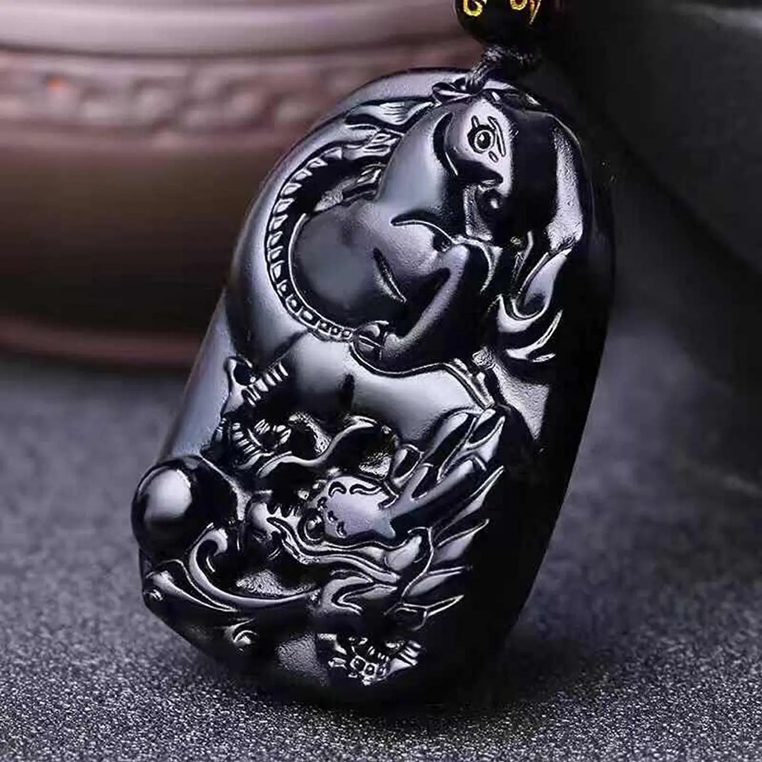 Koraba Fine Jewelry ручной резной Obsidian Lucky богатых Дракон Лошадь Подвеска Цепочки и