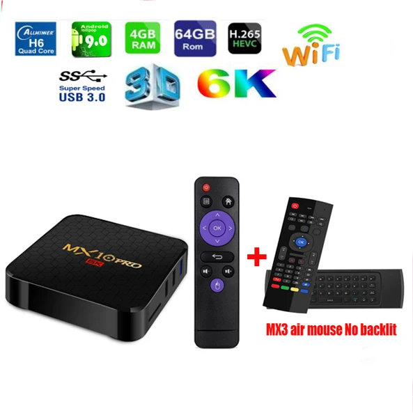 MX10 Pro 6k tv box Android 9,0 Allwinner H6 Четырехъядерный 4 ГБ 32 ГБ 64 Гб 2,4G WiFi USB3.0 Поддержка 6K* 4K H.265 Смарт медиаплеер