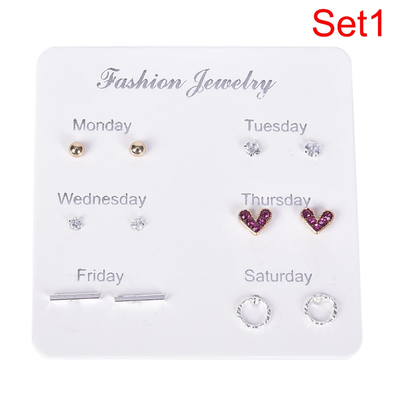 

6 Pairs Crystal Star Moon Stud Earrings Set Leaf Triangle Geometric Women Earrings Small Ear Studs Jewelry
