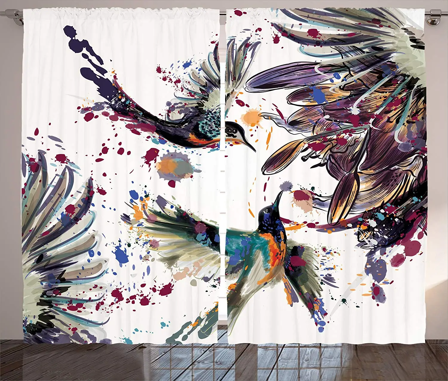 Hummingbirds занавески искусство с лилиями цветы птицы и цветные брызги в акварельной