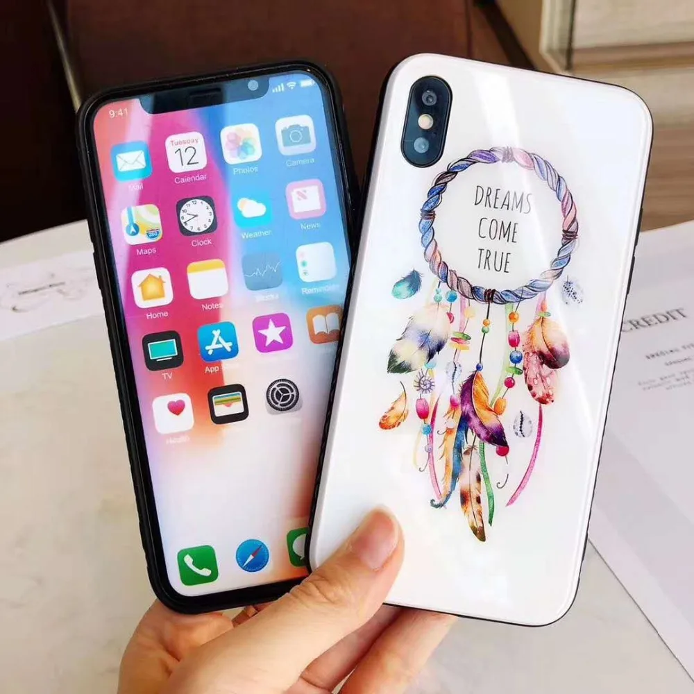 Ловец снов перьевой защитный чехол для iPhone X XS Max XR телефон закаленное стекло крышка чехол для iPhone 6 6s 7 8 Plus