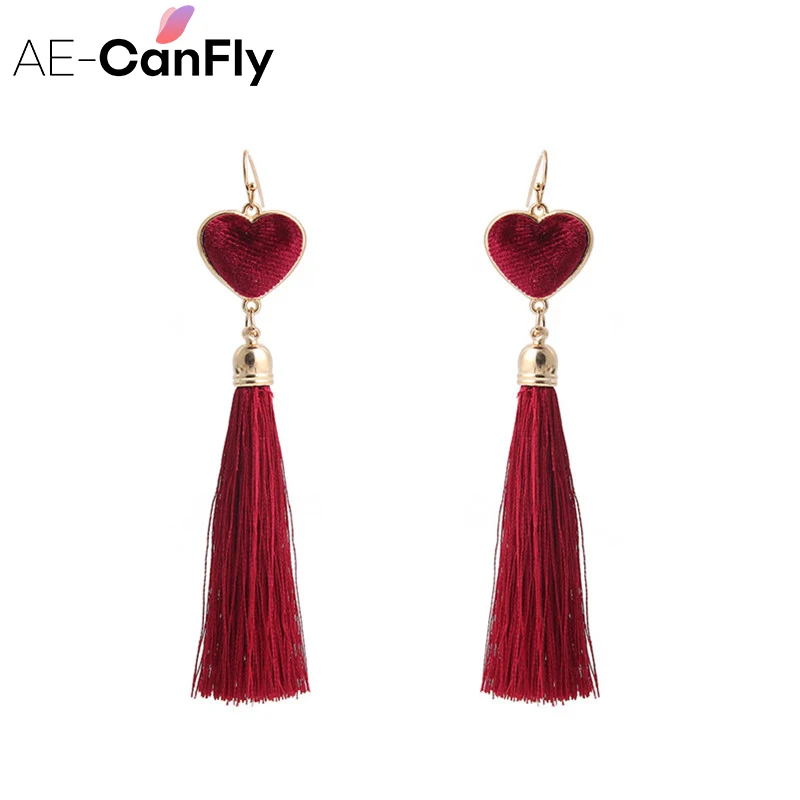 AE-CANFLY Classic Red Lover Heart Tassel Earrings Colorful Fringed Good Quality pendientes mujer moda | Украшения и аксессуары