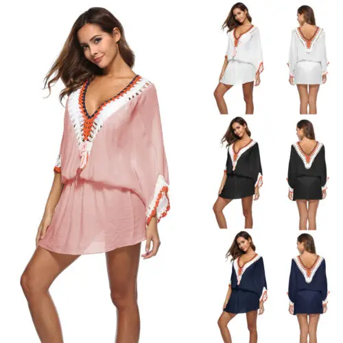 Women Beach Dress Swimsuit Swimwear Bikini Cover Up Holiday Long Sleeve Deep V Neck Tops |