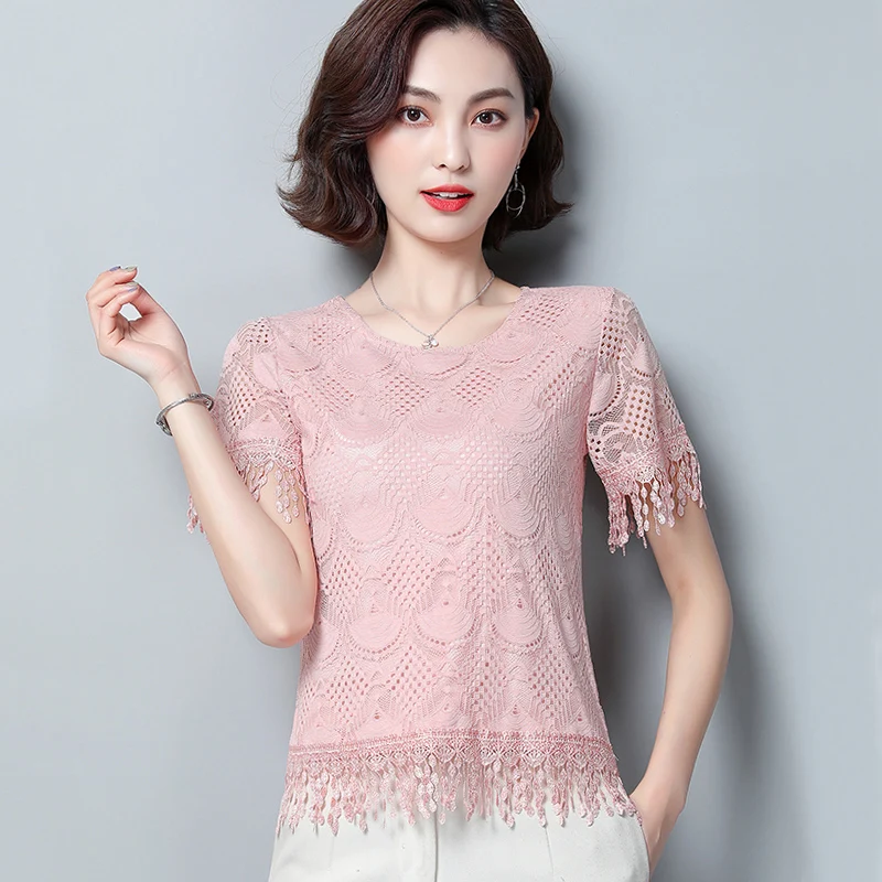 

Fashion temperament Lace women Blouses summer new short sleeve shirts women Tops Sexy Short Hollow Out O-Neck shirts