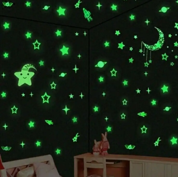 (Заказ 2 лота-25%) серебристые большой звезды и луна домашний настенный светится в