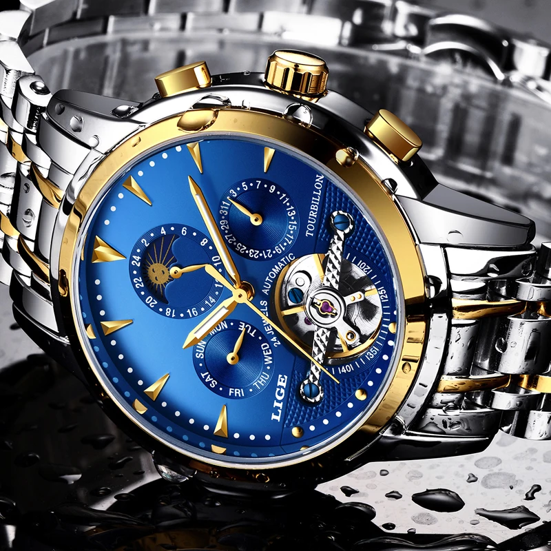 Relogio LIGE Для мужчин часы self ветер Tourbillon механические водонепроницаемость