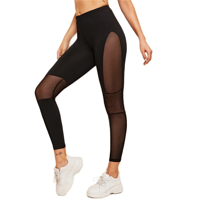 SweatyRocks, черные обтягивающие леггинсы с сетчатой вставкой, женская одежда для активного отдыха, прозрачные сексуальные леггинсы, летние повседневные модные однотонные леггинсы