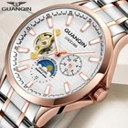 2021 модные мужские часы GUANQIN, Роскошные мужские часы-скелетоны с кожаным ремешком из стали и турбийоном, автоматические механические наручные часы