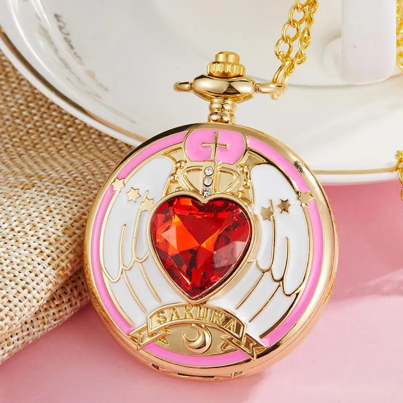Винтаж Япония Аниме Cardcaptor Сакура карманные часы ожерелье для женщин Кварцевые брелок часы цепь кулон дети милый подарок девочка ребенок - Цвет: Pink