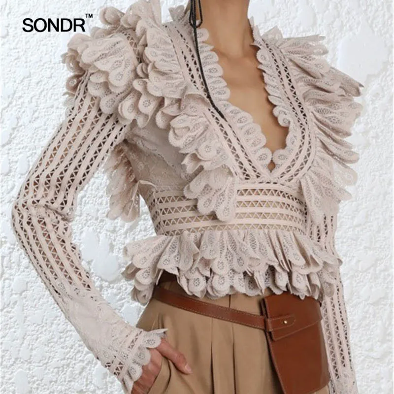 

SONDR Lace Ruffle Shirt Blouse Female V Neck Hollow out Long Sleeve Sexy Blouses Tops Female 2019 Spring Fashion Clothes New
