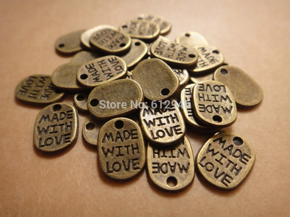 100 pcs Antique Bronze Metal Alloy &quotMade With Love&quot Word Bracelet Charm and Pendant Jewelry Findings 11x8mm A133 | Украшения и