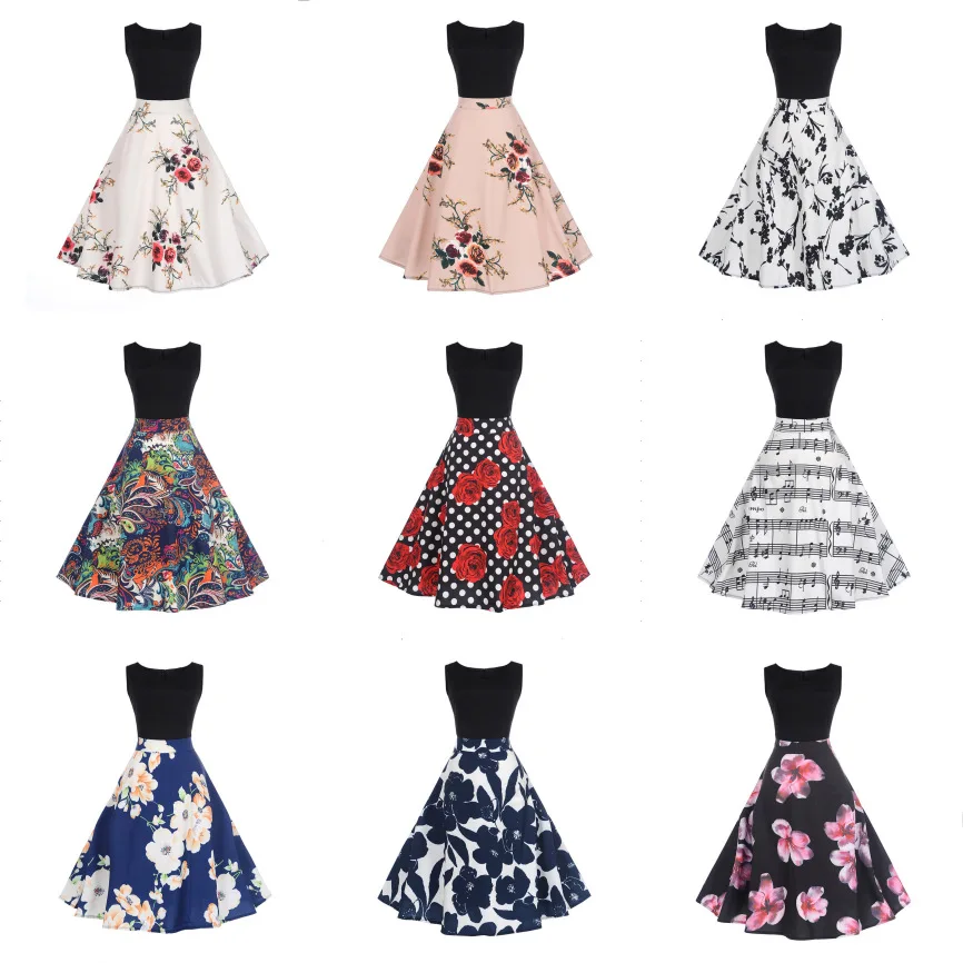 Для женщин летнее платье 2019 Контраст Цвет костюмы халат в цветочек ретро качели